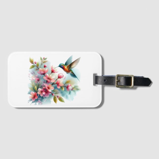 Étiquette À Bagage OEuvre florale/printanière de colibri (Devant Horizontal)