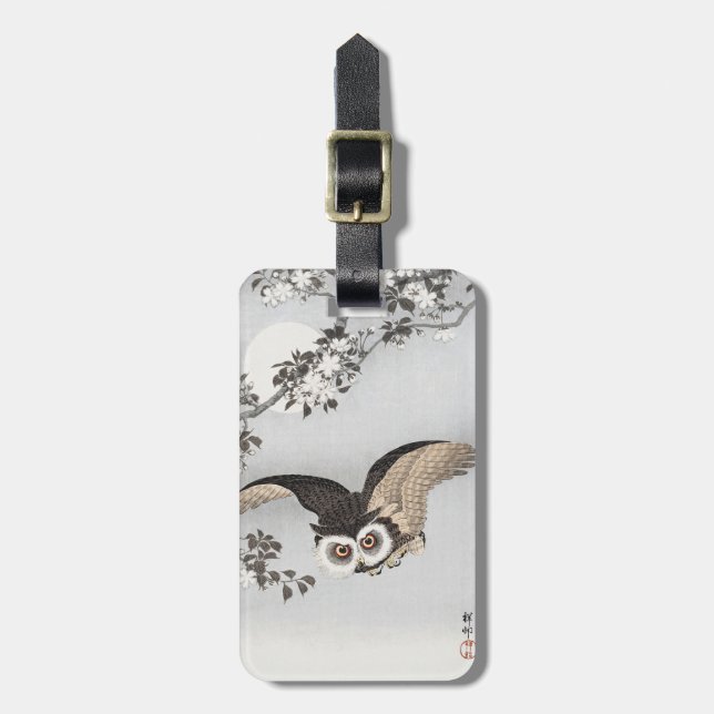 Étiquette À Bagage Ohara Koson Scops Owl Cherry Blossoms & Moon (Devant Vertical)