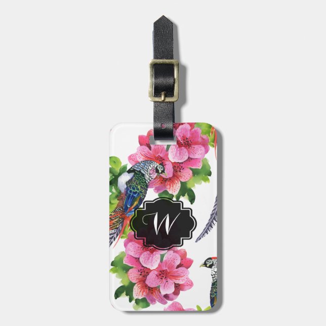 Étiquette À Bagage Oiseaux de faisan sauvage aquarelle fleurs roses (Devant Vertical)