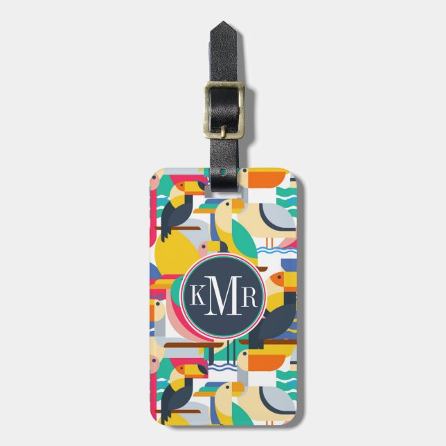 Étiquette À Bagage Oiseaux tropicaux géométriques| Monogramme (Devant Vertical)