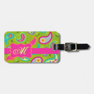 Étiquette À Bagage Olive Green Fuchsia rose moderne Paisson Monogramm