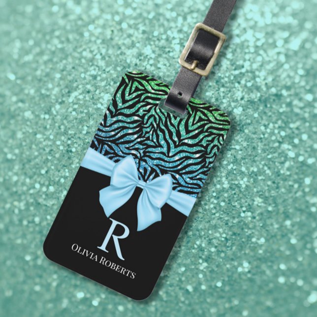 Étiquette À Bagage Ombre Parties scintillant Zebra Blue Bow Monogramm (Créateur téléchargé)
