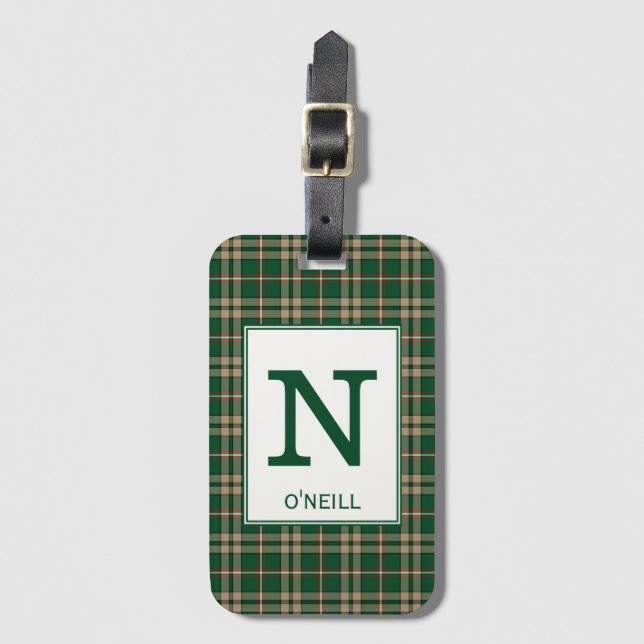 Étiquette À Bagage O'Neill Tartan Green et Tan Plaid Motif (Devant Vertical)