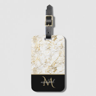 Étiquette À Bagage Or et Marbre blanc avec Monogramme noir