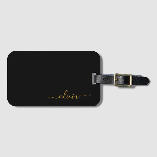 Étiquette À Bagage Or Girly Script Monogram Nom Moderne (Devant Horizontal)