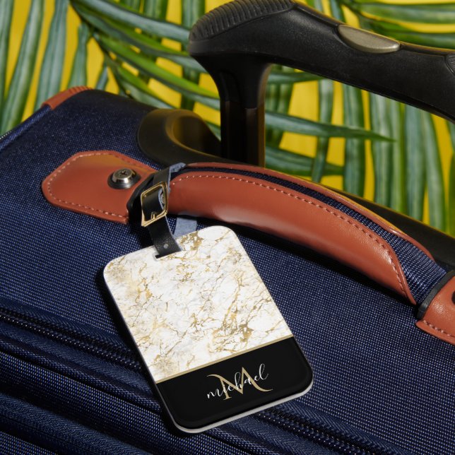 Étiquette À Bagage Or & Marbre blanc avec Monogramme noir Luxe (Insitu Rectoal 1)