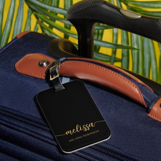 Étiquette À Bagage Or Noir Féminin Monogramme Nom Signature Script (Insitu Rectoal 1)