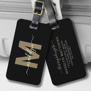Étiquette À Bagage Or Noir Monogramme de Nom