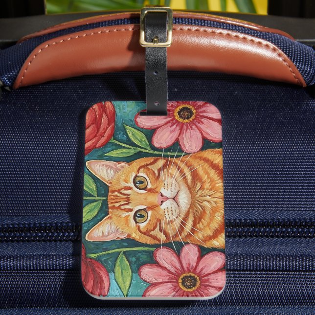 Étiquette À Bagage Orange Cat Folk Art Flowers (Insitu Rectoal 2)