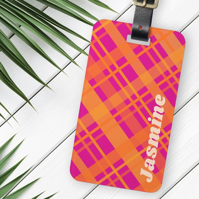 Étiquette À Bagage Orange magenta plaid motif nom personnalisé (Orange magenta plaid pattern custom name luggage tag)