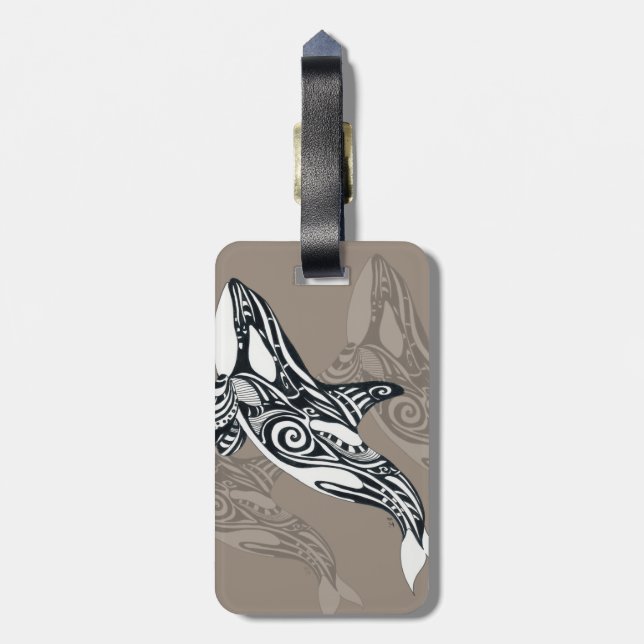 Étiquette À Bagage Orca Tueur Baleine Taupe Tlingit Encre Tribale (Dos Vertical)