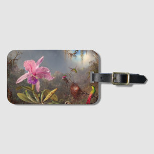 Étiquette À Bagage Orchidée de Cattleya et trois colibris par Heade