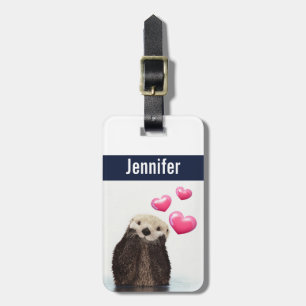 Étiquette À Bagage Otter mignonne avec Coeurs d'Amour Rose