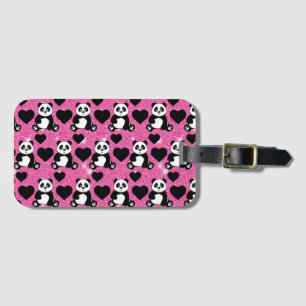 Étiquette À Bagage Ours Panda Amoureux Noir Cœurs Paillettes Roses