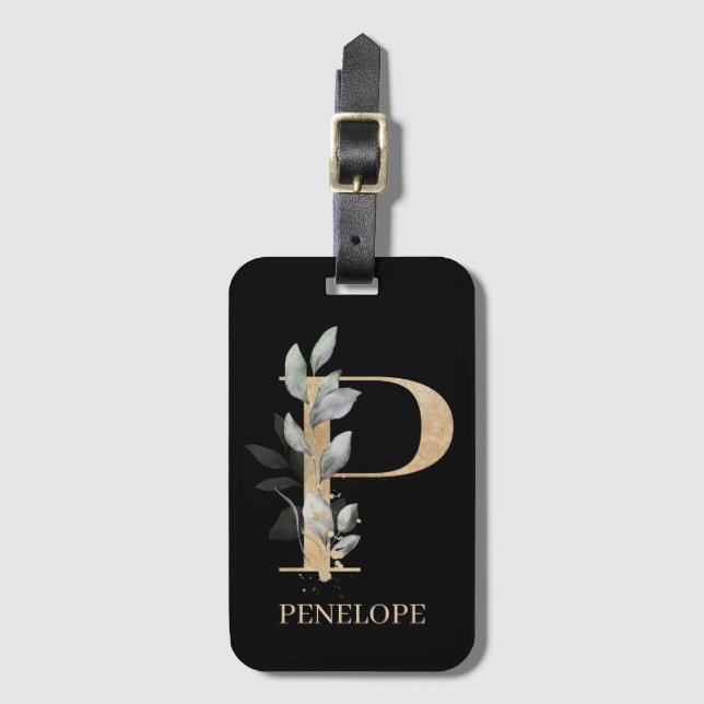 Étiquette À Bagage P Monogramme Floral Personnalisé (Devant Vertical)