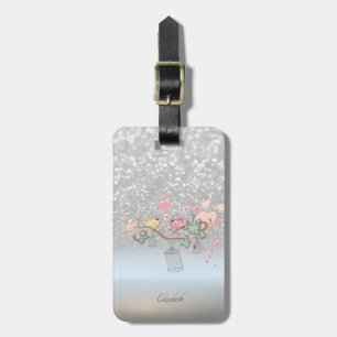 Étiquette À Bagage Pailleté Argent Bokeh Ombré,Oiseaux - Personnalis