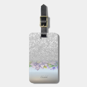 Étiquette À Bagage Paillettes Argentées Bokeh Ombré, Fleurs Aquarelle