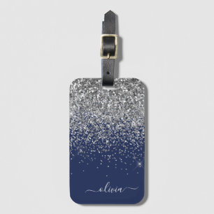 Étiquette À Bagage Paillettes Bleu Marine Argenté Monogramme Nom Fill