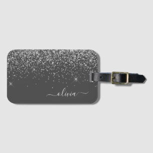 Étiquette À Bagage Paillettes Filles Gris Argenté Monogramme Nom