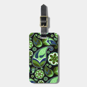 Étiquette À Bagage Paisley bleu et vert sur le noir