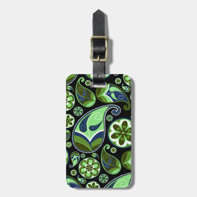 Étiquette À Bagage Paisley bleu et vert sur le noir (Devant Vertical)