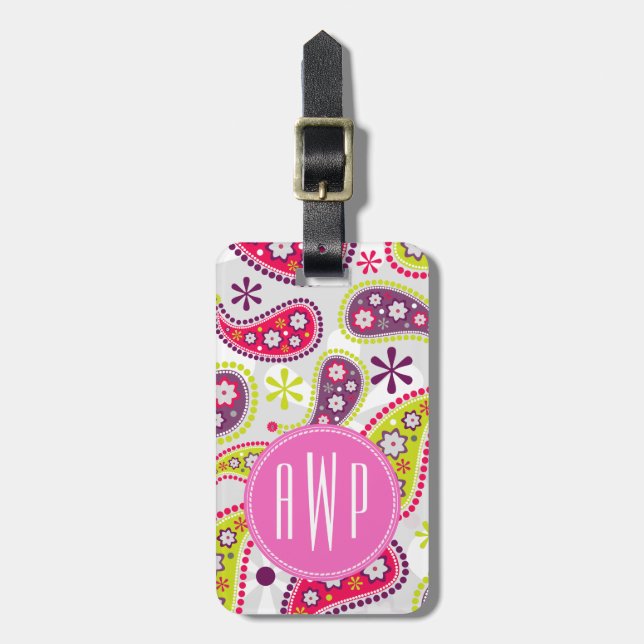 Étiquette À Bagage Paisley et monogramme rose (Devant Vertical)
