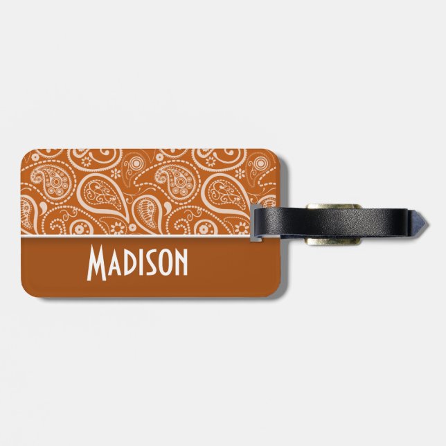 Étiquette À Bagage Paisley Orange Brûlé; Floral (Dos horizontal)