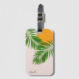 Étiquette À Bagage Palme de coucher de soleil tropicale rétro Feuille