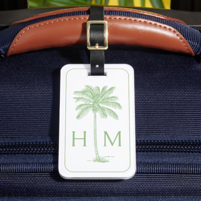 Étiquette À Bagage Palmier de palmier vert et blanc Monogramme (Insitu Rectoal 2)