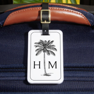 Étiquette À Bagage Palmier noir et blanc Monogramme de palmier
