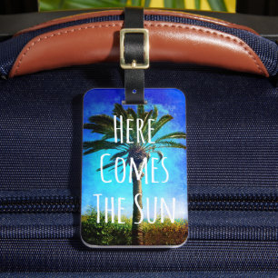 Étiquette À Bagage Palmier Tropical Ciel Bleu "Voici Le Soleil"