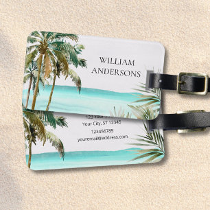 Étiquette À Bagage Palmier Tropical Personnalisé Feuilles Plage Bleue