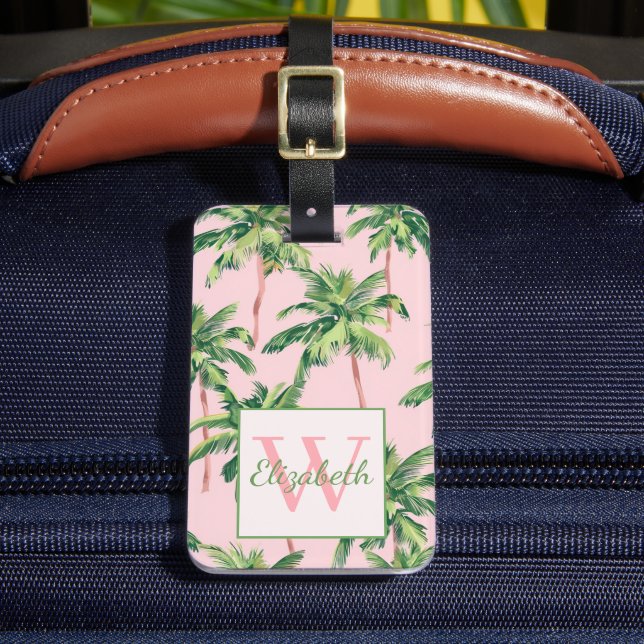 Étiquette À Bagage Palmiers tropicaux sur Monogramme rose (Insitu Rectoal 2)