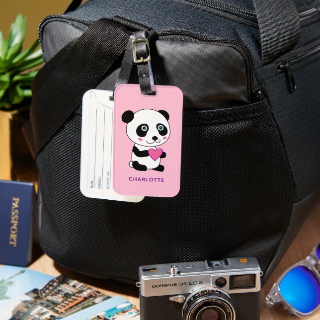 Étiquette À Bagage Panda mignonne avec un coeur rose Nom personnalisé (Recto & Verso)