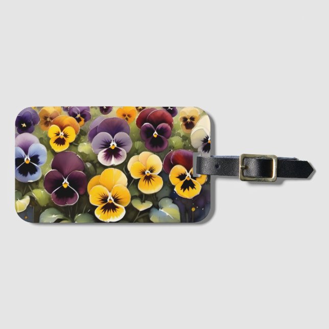 Étiquette À Bagage Pansies jaunes et violets aquarelle (Devant Horizontal)