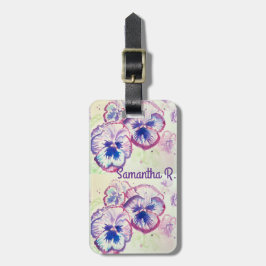 Étiquette À Bagage Pansy Panies Purple Fleurs Florales Aquarelle Nom