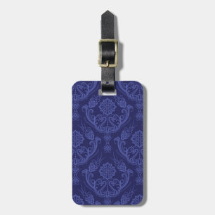 Étiquette À Bagage Papier peint floral bleu de luxe de damassé