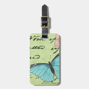 Étiquette À Bagage Papillon à ailes bleues sur carte postale Turquois