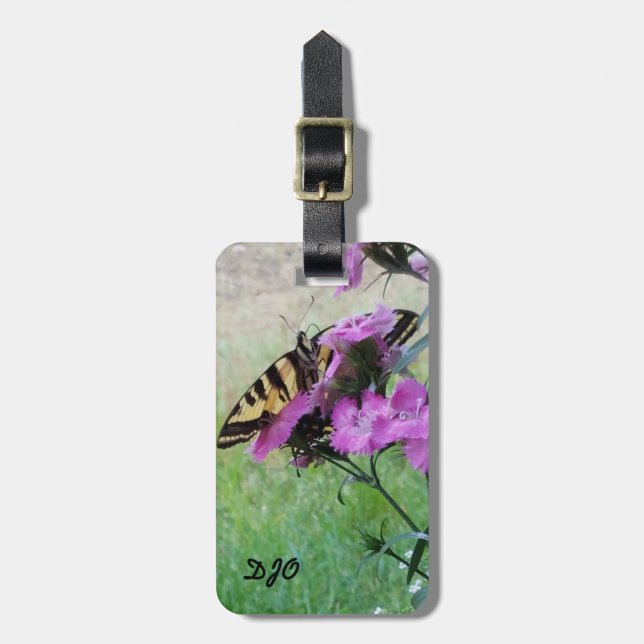 Étiquette À Bagage Papillon aux fleurs violettes. Personnalisable  (Devant Vertical)