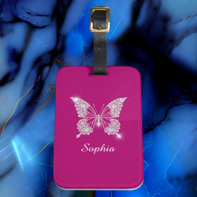 Étiquette À Bagage Papillon Diamant Blanc, Nom du script, Fuchsia pro (Créateur téléchargé)
