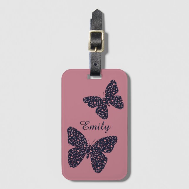 Étiquette À Bagage Papillon floral rose et violet Personnalisé (Devant Vertical)