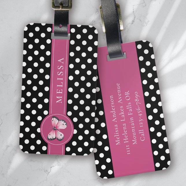 Étiquette À Bagage Papillon personnalisé Noir rose Pois blancs (Créateur téléchargé)