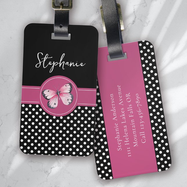 Étiquette À Bagage Papillon personnalisé Noir rose Pois blancs (Créateur téléchargé)