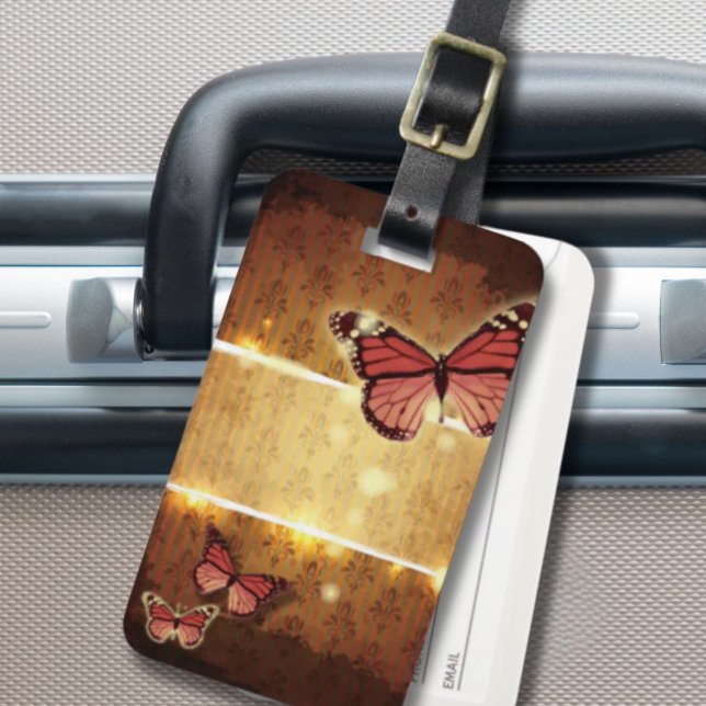 Étiquette À Bagage papillon rouge orangé (autumn orange glamour flourish swirls butterfly luggage tag)