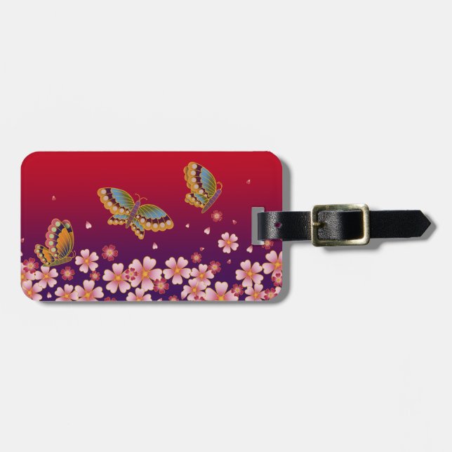 Étiquette À Bagage Papillons japonais et fleurs de Sakura rouge viole (Devant horizontal)