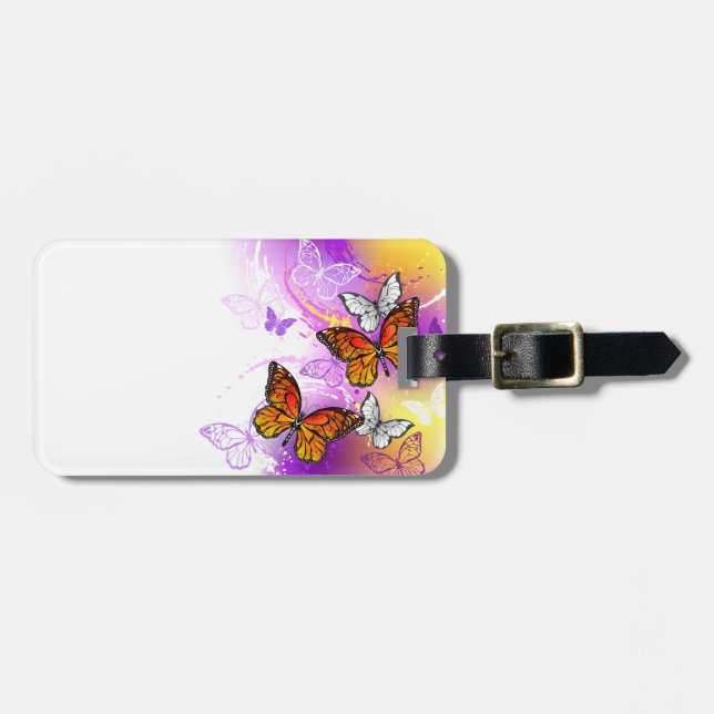 Étiquette À Bagage Papillons Monarque sur Arrière - plan pourpre (Devant horizontal)