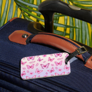 Étiquette À Bagage Papillons roses et motif de fleurs