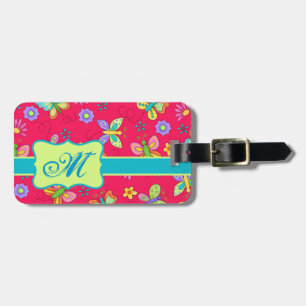 Étiquette À Bagage Papillons Whimsy moderne sur Monogramme rouge pers