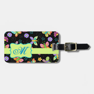 Étiquette À Bagage Papillons Whimsy modernes sur Monogramme noir