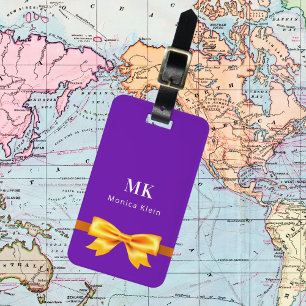 Étiquette À Bagage Paraphes en or violet monogramme d'arc élégant